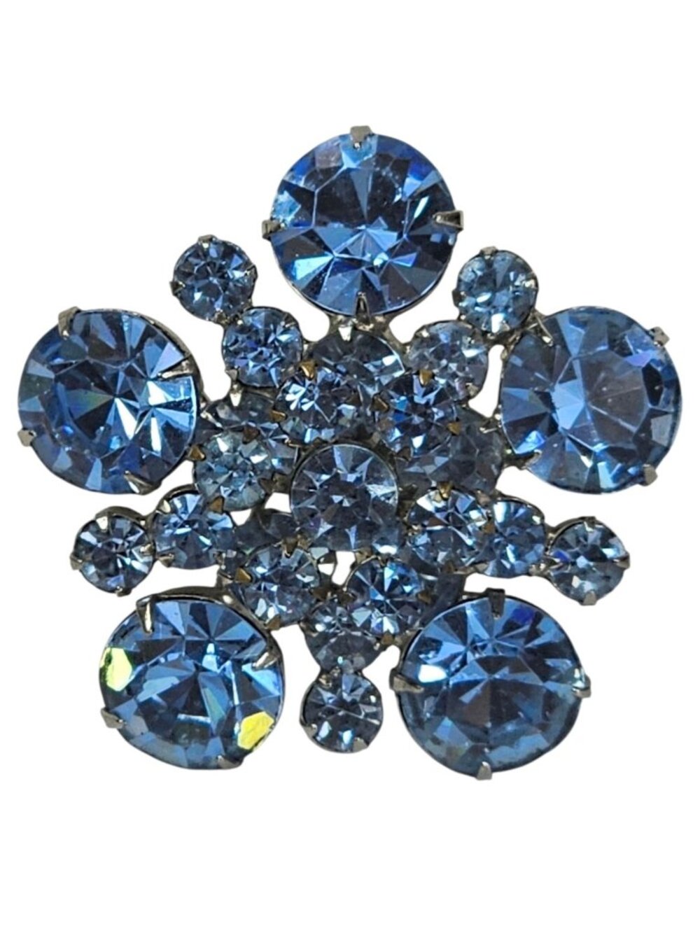 Blue Rhinestone Cluster Brooch Pin Sparkling Silver Tone Flower Design VTG